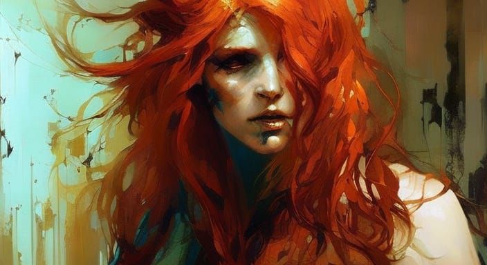 Red-Haired Witch Portrait with Dripping Paint Detail