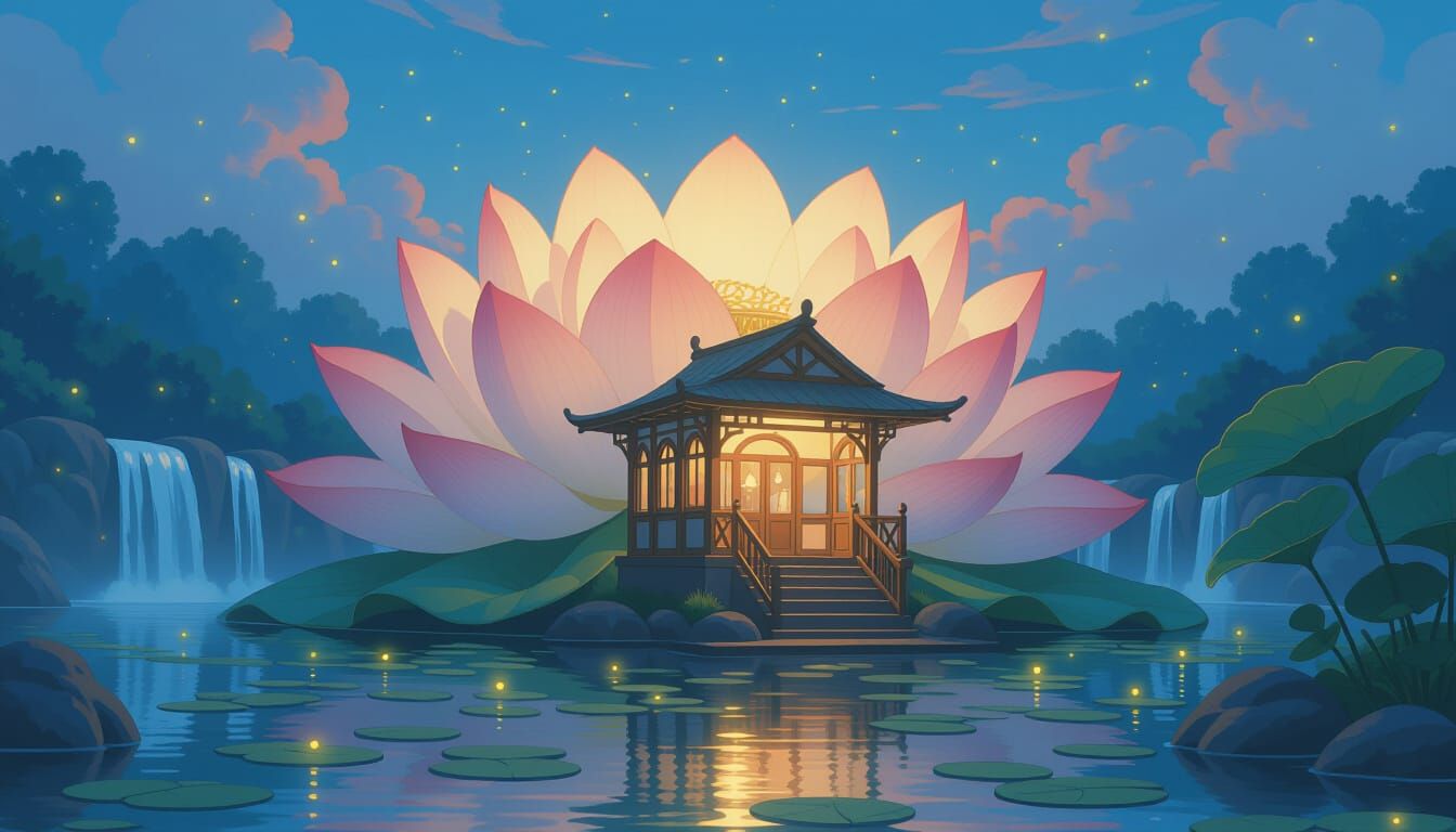 Magical Lotus Train Station with Waterfalls and Fireflies