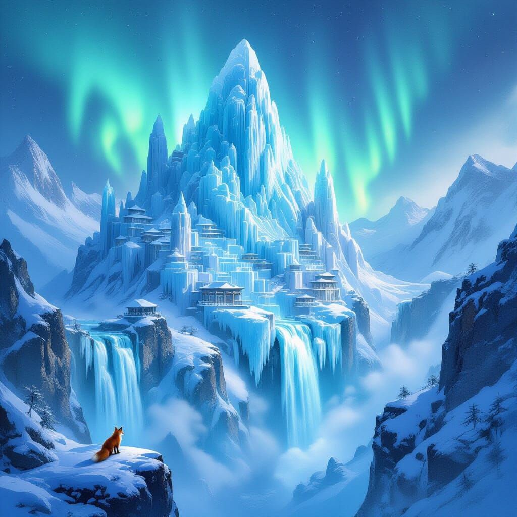 Elven City in Ice Mountain Under Aurora Borealis
