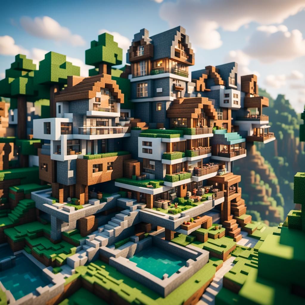 Minecraft Houses Connected by Bridges: Professional Photogra...