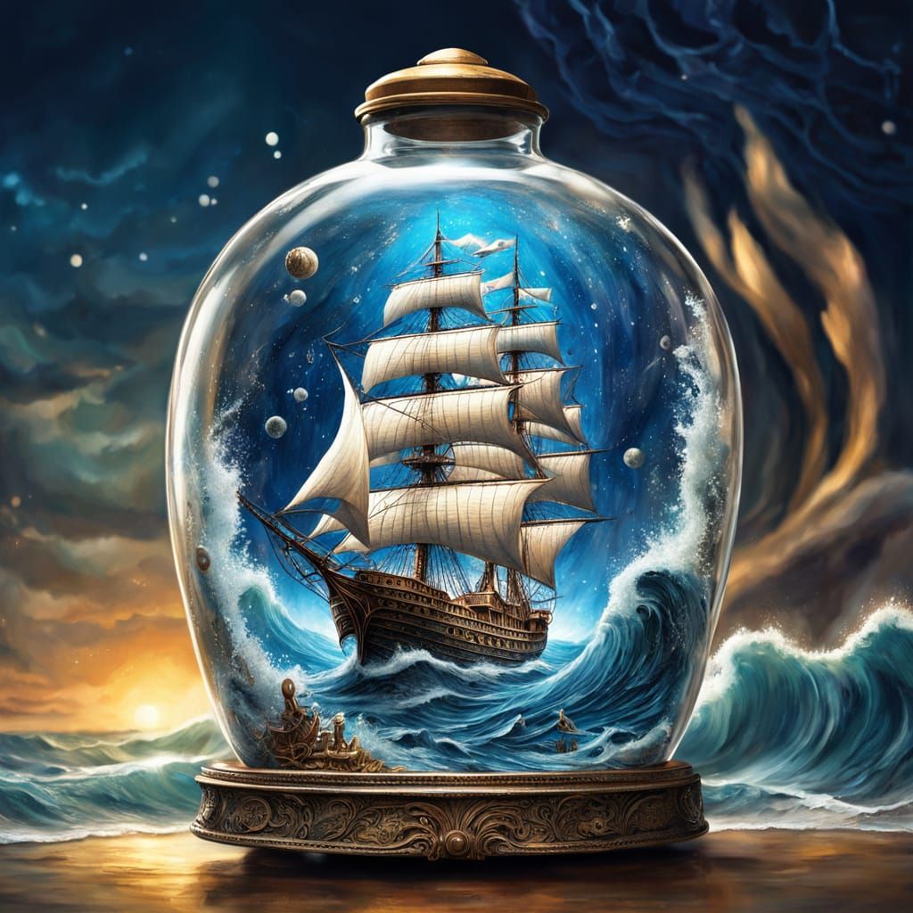 Ancient Ship in Bottle: Dreamy Fantasy Painting