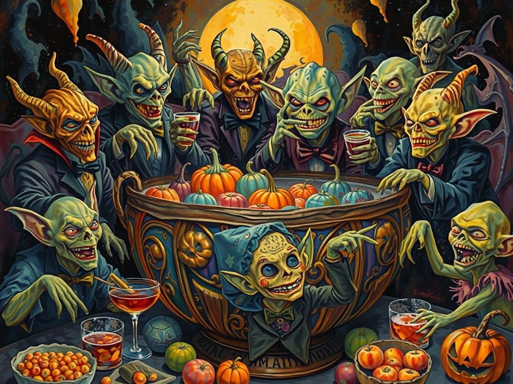 Ghouls and Goblins Tuxedo Party in Gouache Style
