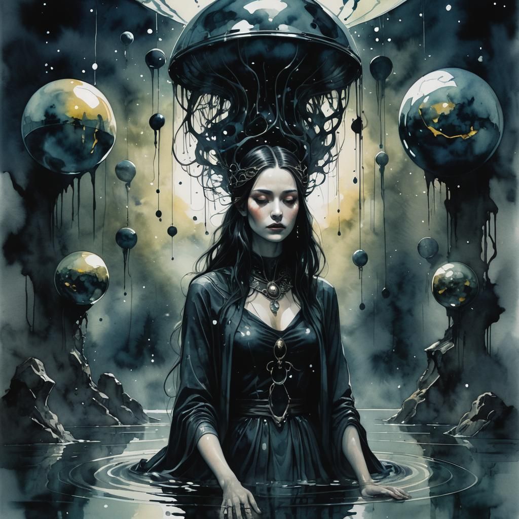 Dark Moody Oracle in Surreal Watercolor Art