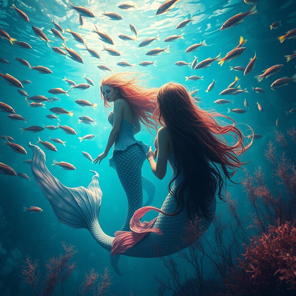 Dreamlike Mermaids Emerge from Iridescent Depths in Vibrant...
