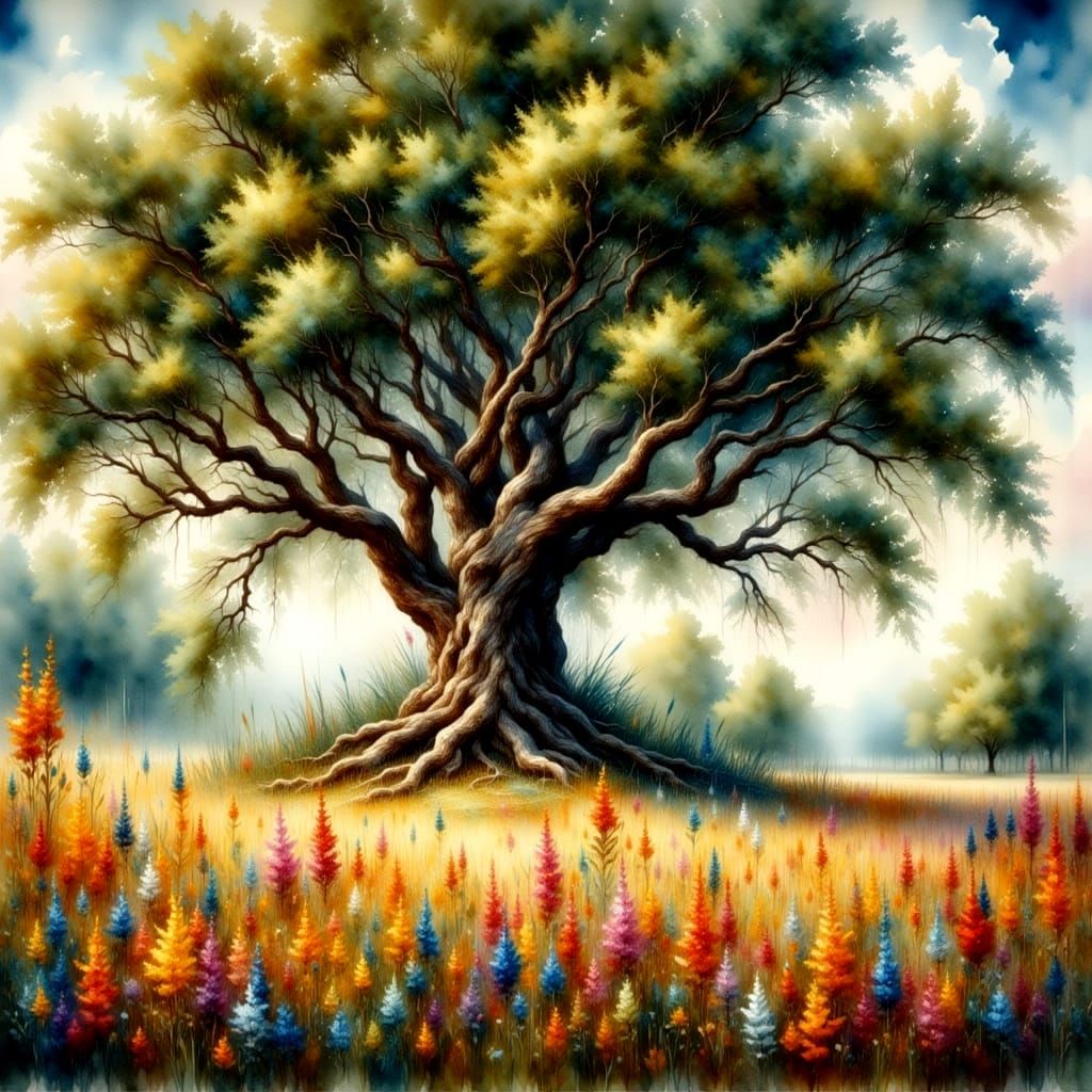 Majestic Oak Tree in Antique Watercolor Style