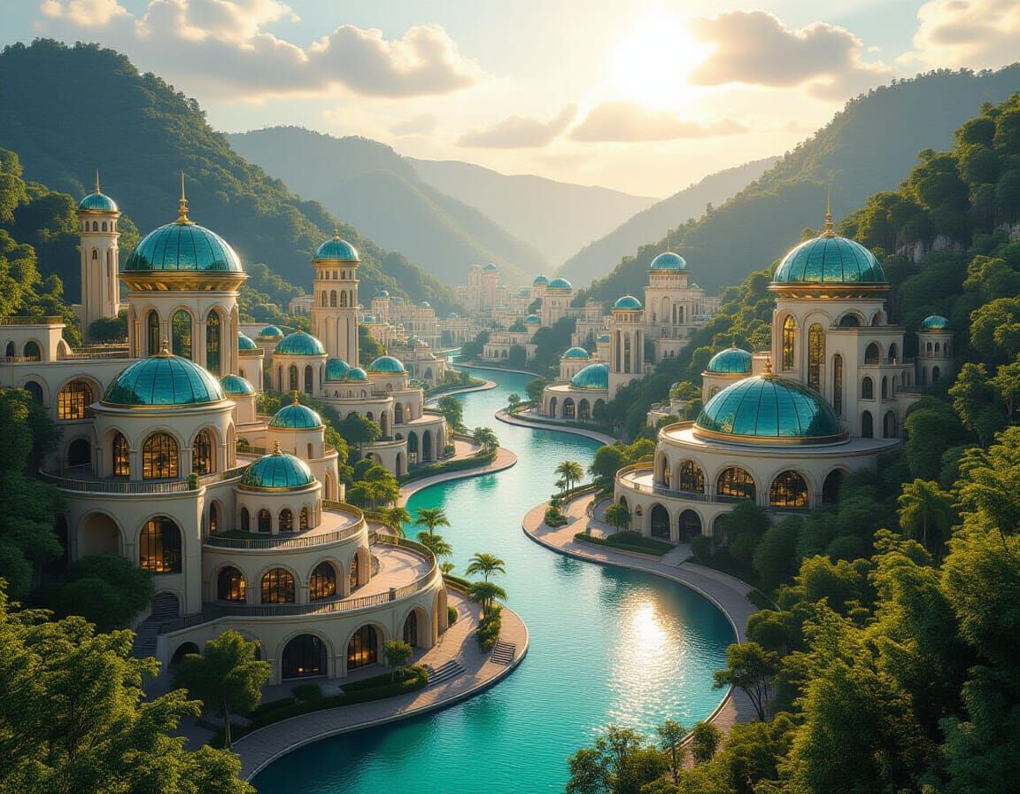 Sci-Fi Fae City in Lush Valley with Teal River