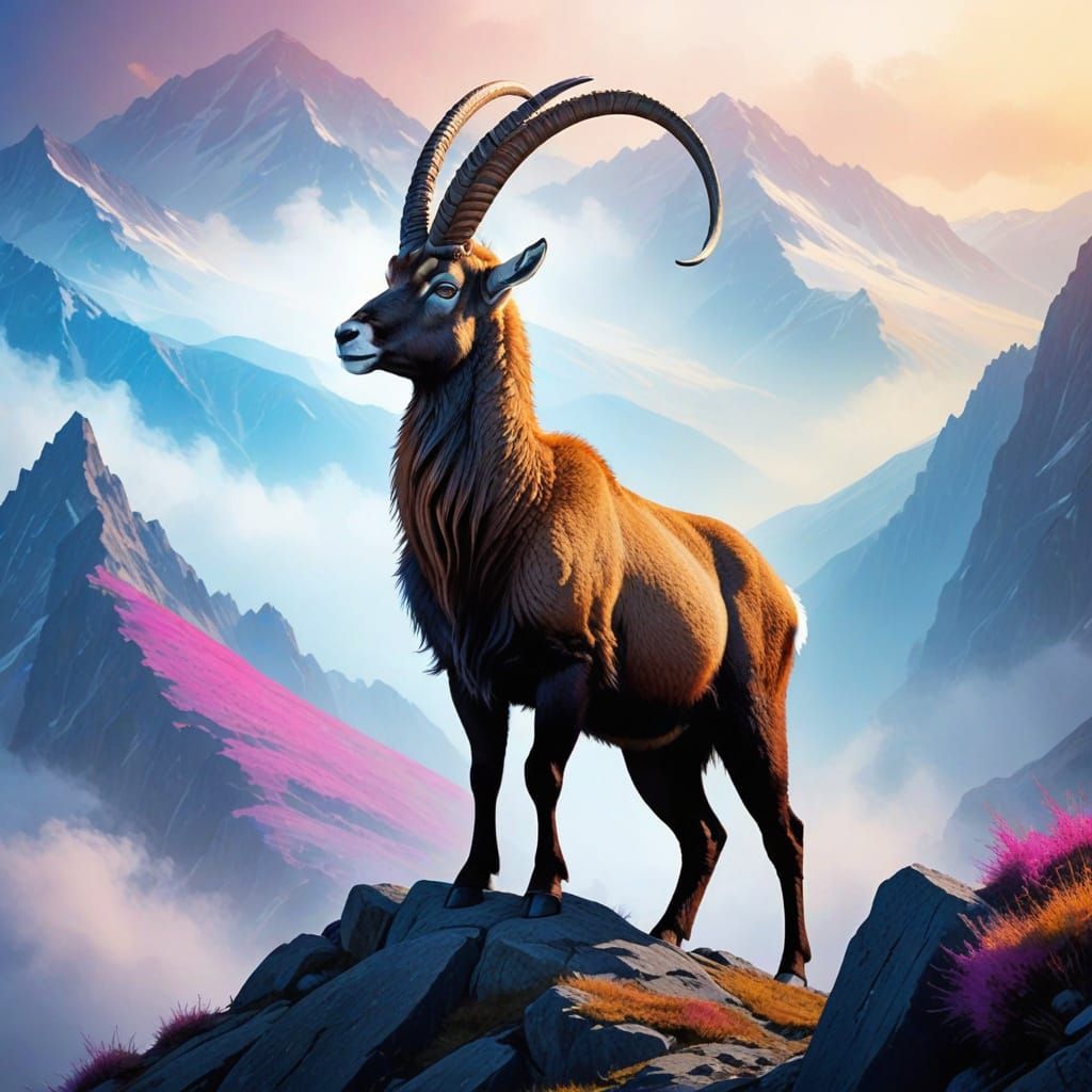 Regal Ibex Conquers a Majestic Mountain Peak in a Vibrant an...