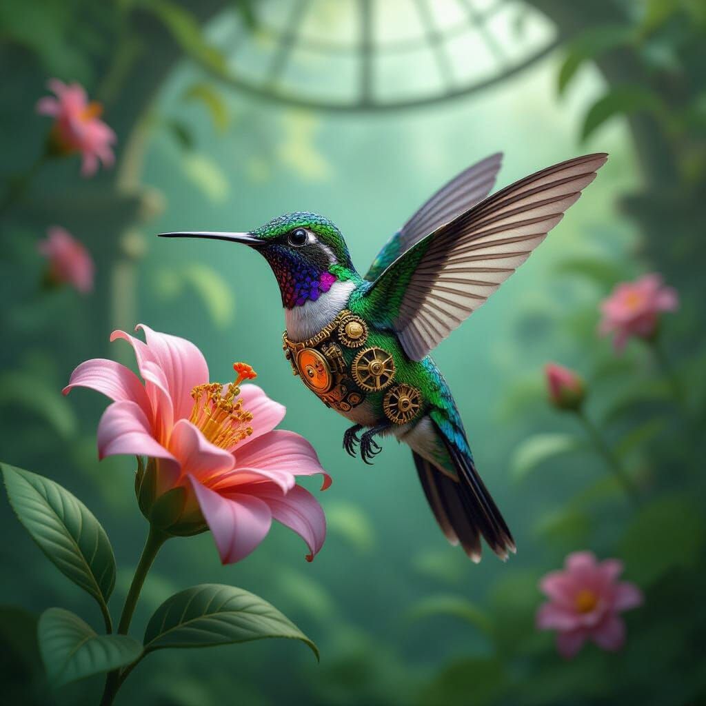 Steampunk Hummingbird Sips Nectar from Clockwork Flower