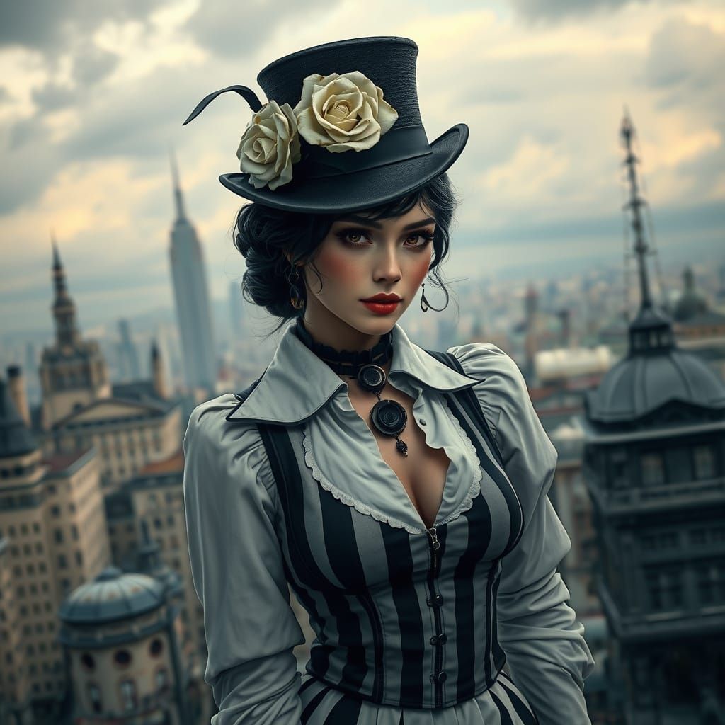 A medium shot of a REALISTIC steam punk woman with a sultrIE...