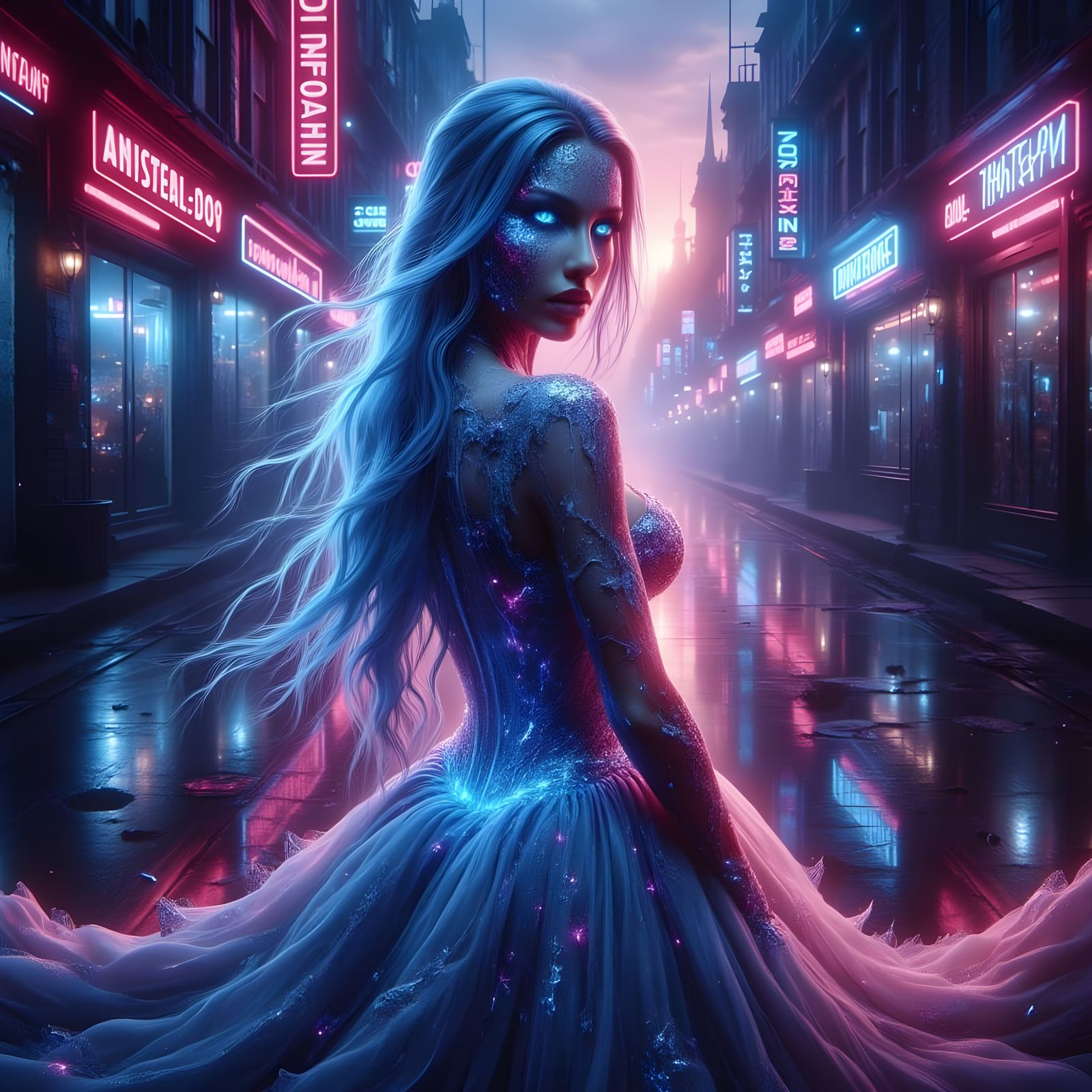 Woman in Neon City with Shimmering Silk Gown