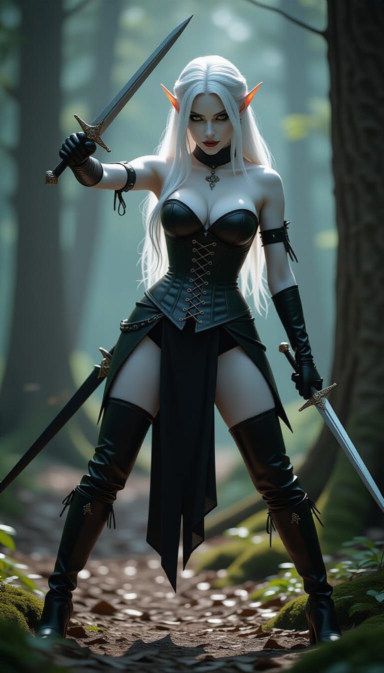 Dark Elf Warrior Woman with Daggers in Forest