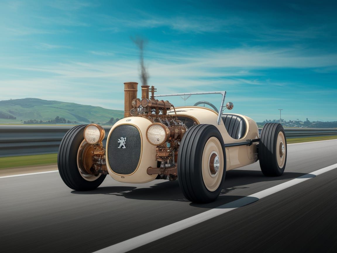 Steampunk Peugeot Roadster Races Through Blue Battlefield