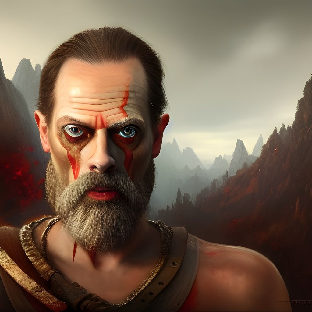 Steve Buscemi as God of War: Hyperdetailed Oil Painting