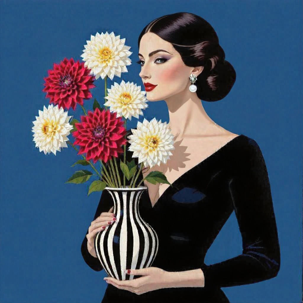 Woman with Dahlias in Op Art Style