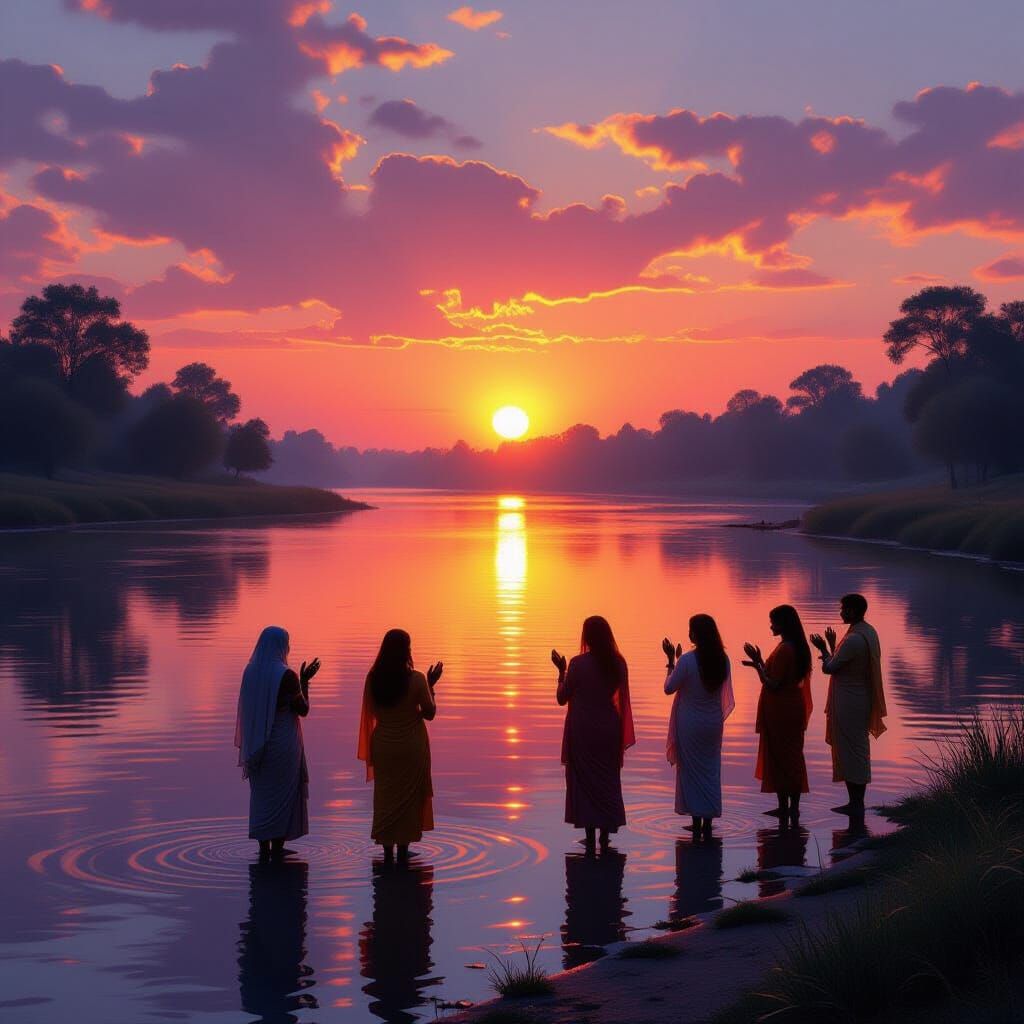 Spiritual Sunrise Over River with Devotees Offering Arghya