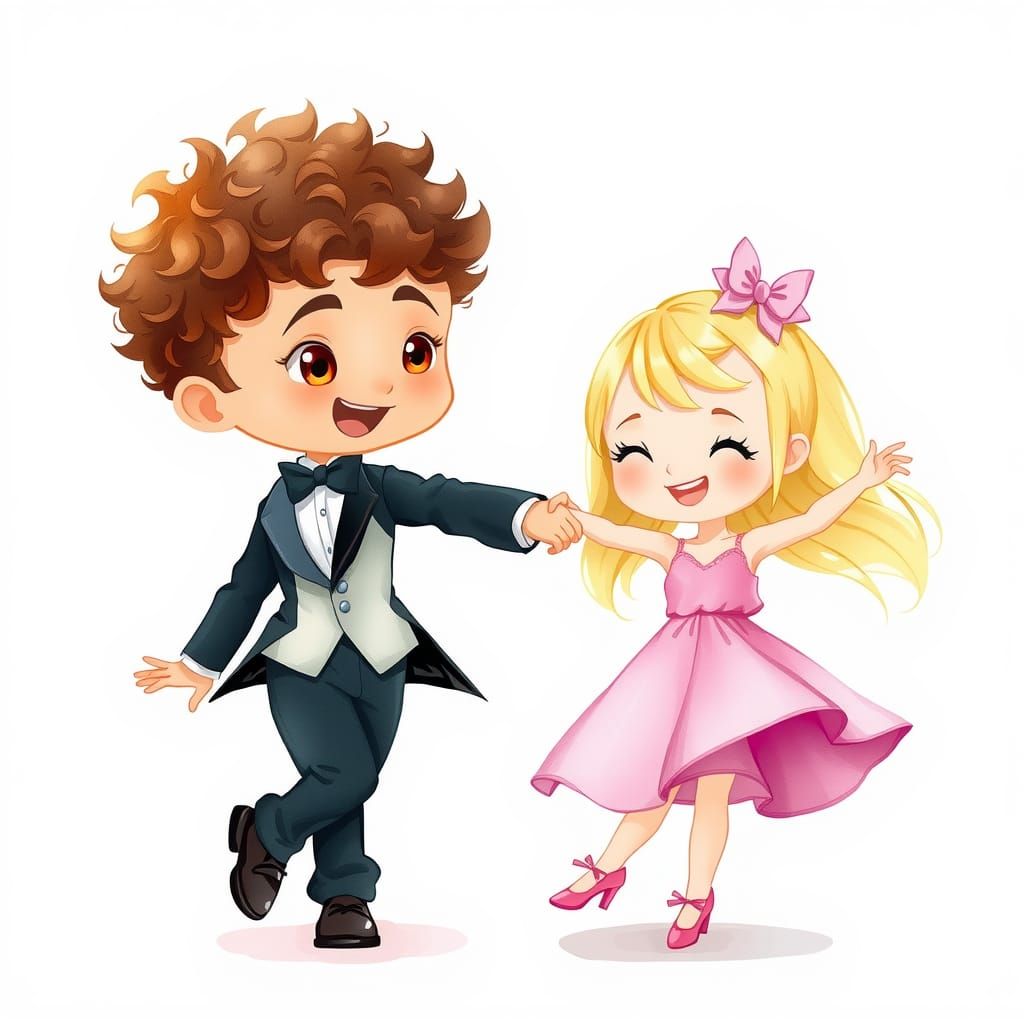 Chibi Style Children Dancing in Watercolor