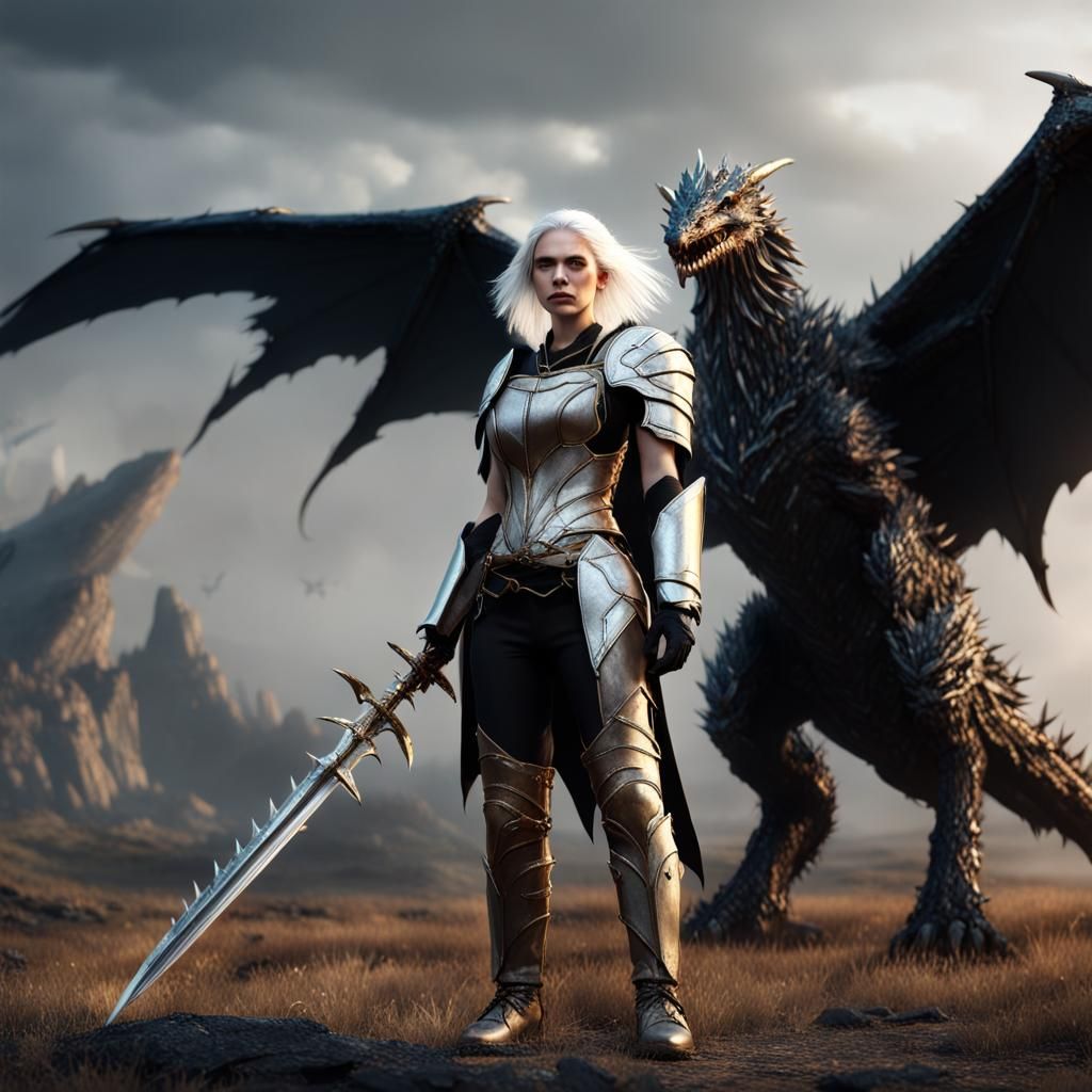 Warrior Woman and Black Dragon on Battlefield