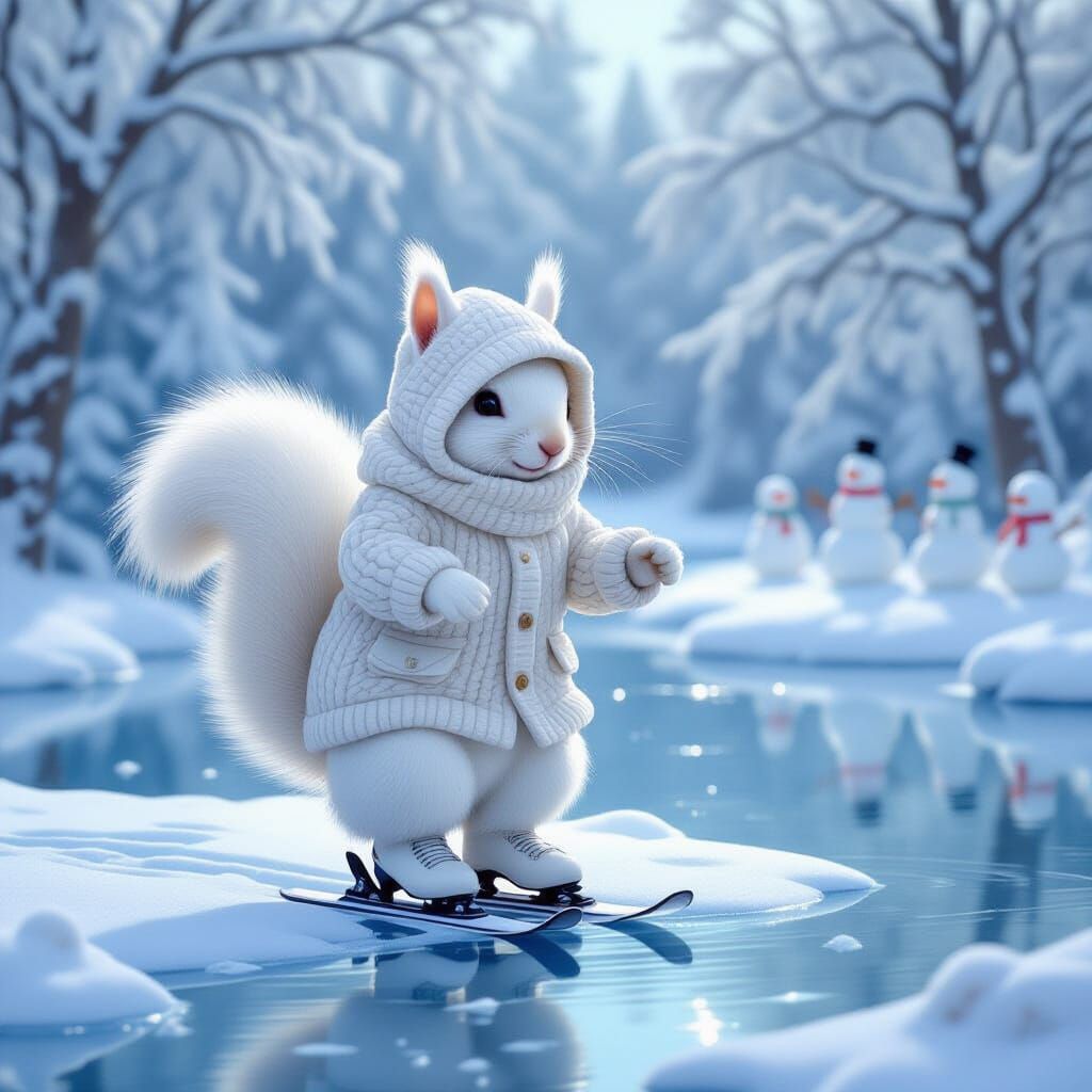 Albino Squirrel Ice Skating with Snowmen, Digital Art