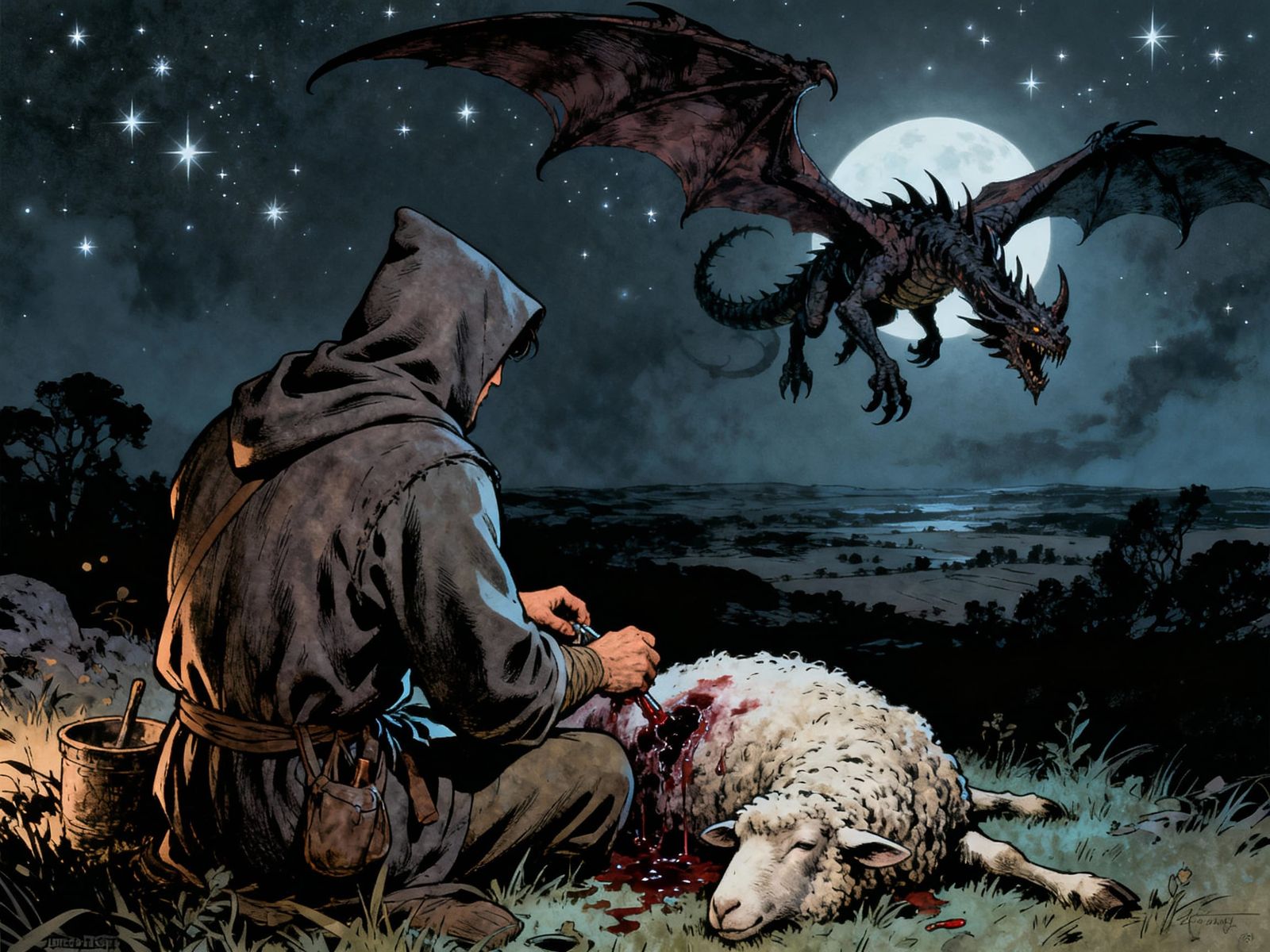 Dark Fantasy Shepherd Poisons Sheep in Moonlit Scene