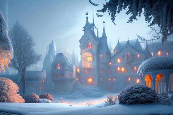 Snowy Castle Garden in Detailed Matte Painting