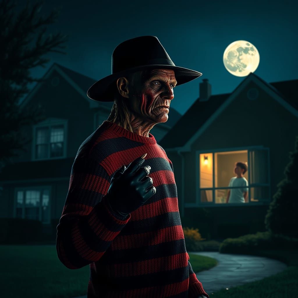 Freddy Krueger Stands in Shadows, Moonlit Night