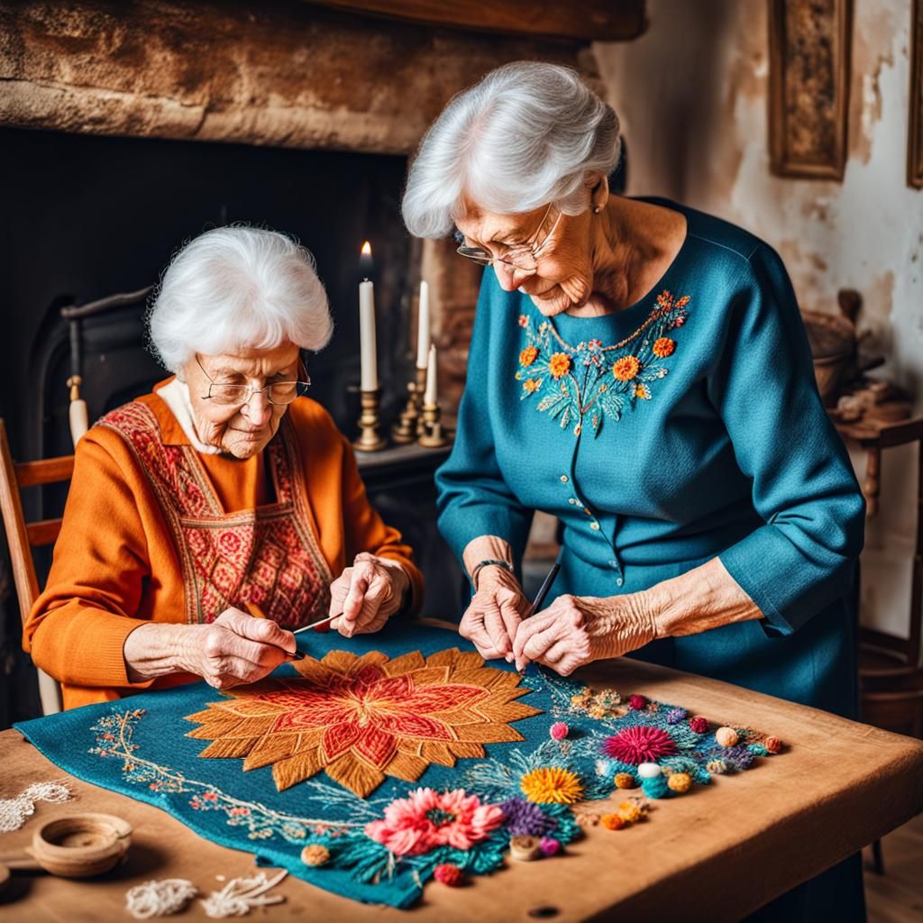 Grandmother and Granddaughter Embroidering Abstract Art