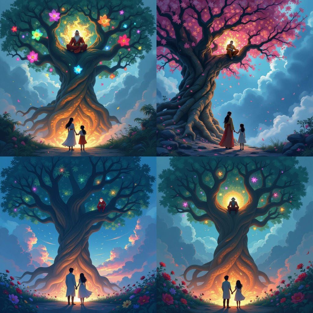 Fantasy Tree of Life with Dragon Roots and Radiant Blossoms