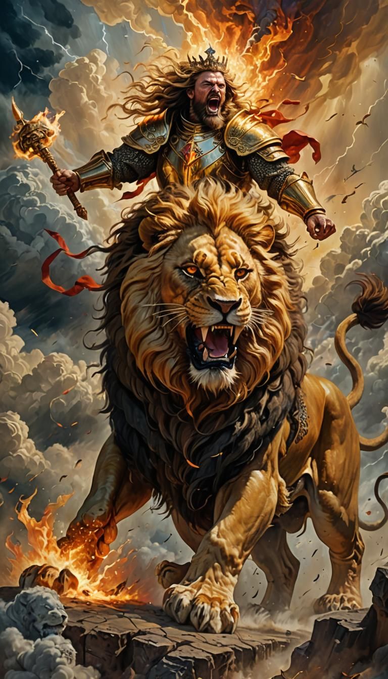 Dead King's Epic Entrance on Lion: Oil Painting