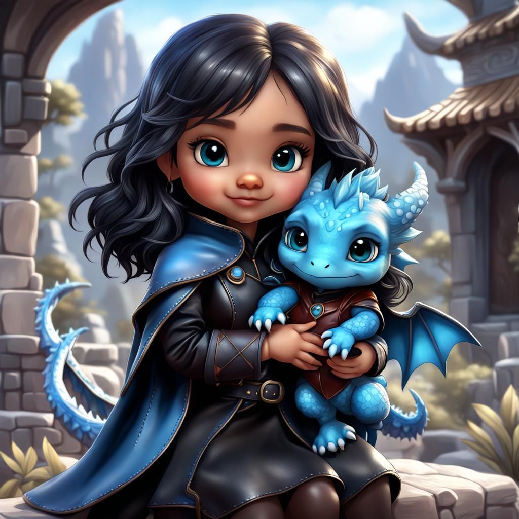 Chibi Toddler and Baby Dragon in Animated Style