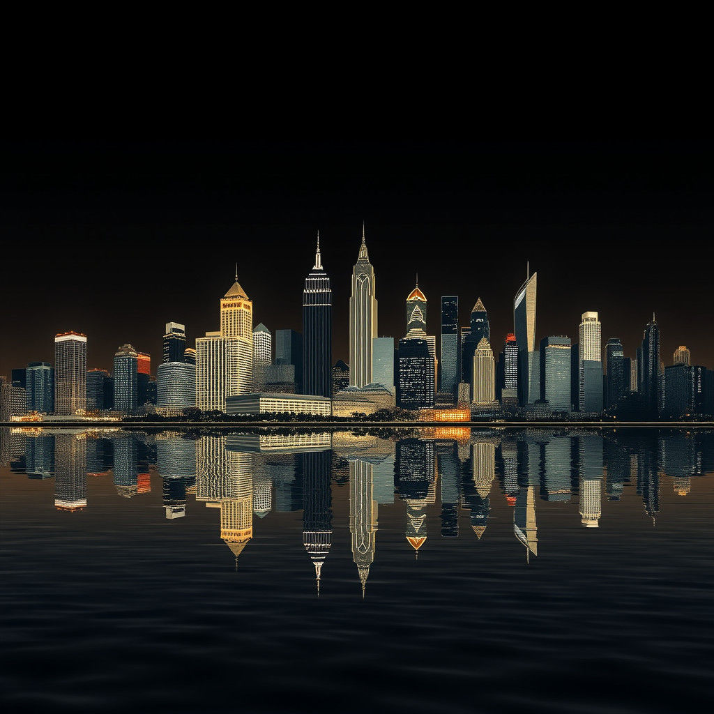 Art Deco Cityscape Reflected on Water