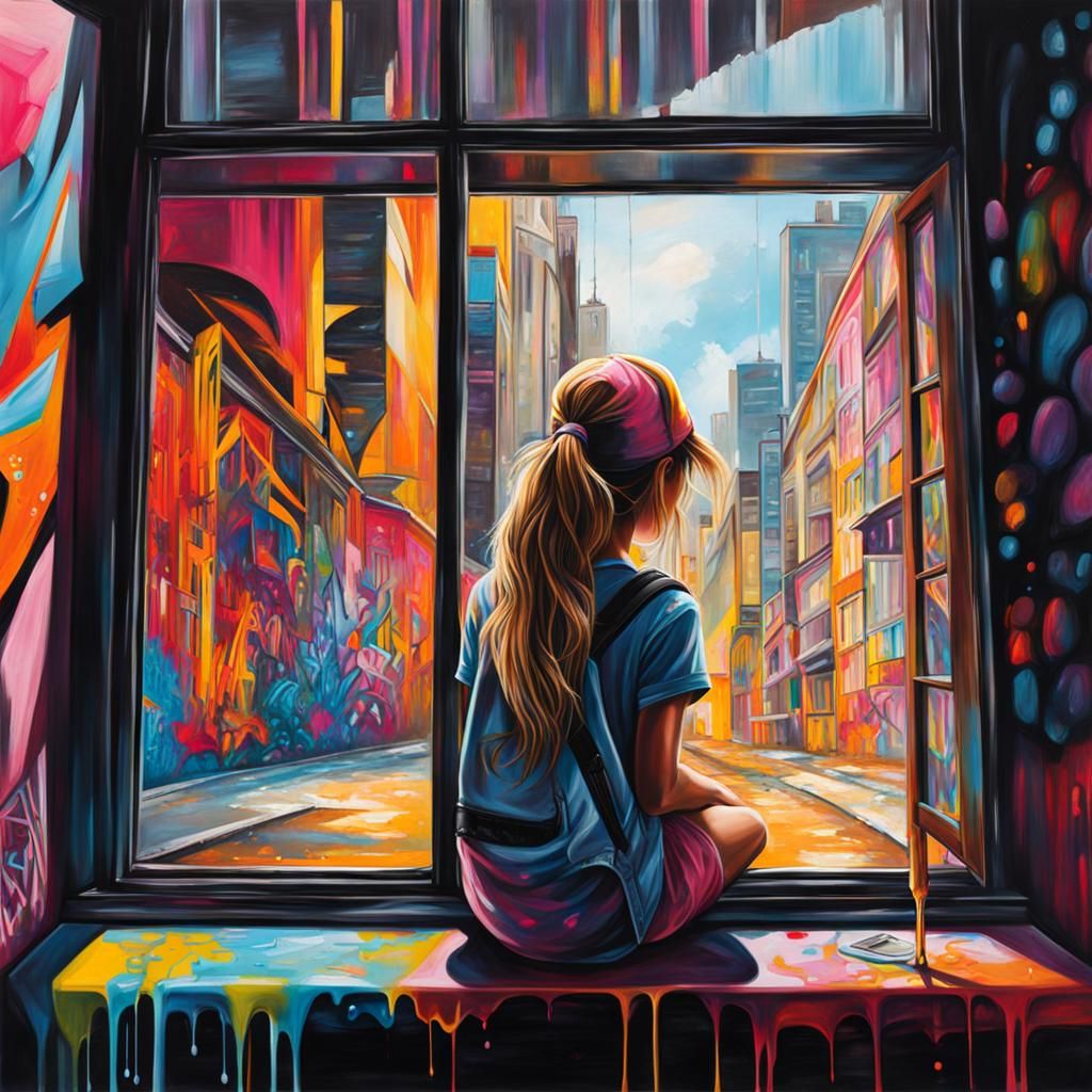 Girl at Window in Graffiti Splash Art Style