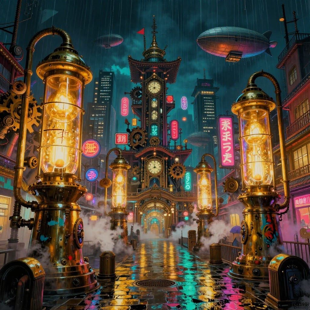 Steampunk Tokyo Megalopolis at Night in Neon