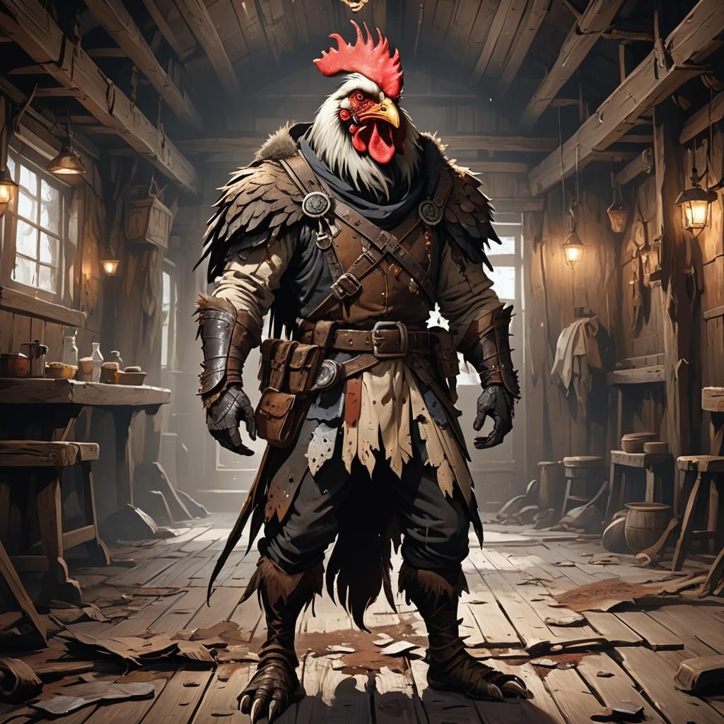 Rooster Adventurer in Tavern, Dark Fantasy Concept Art