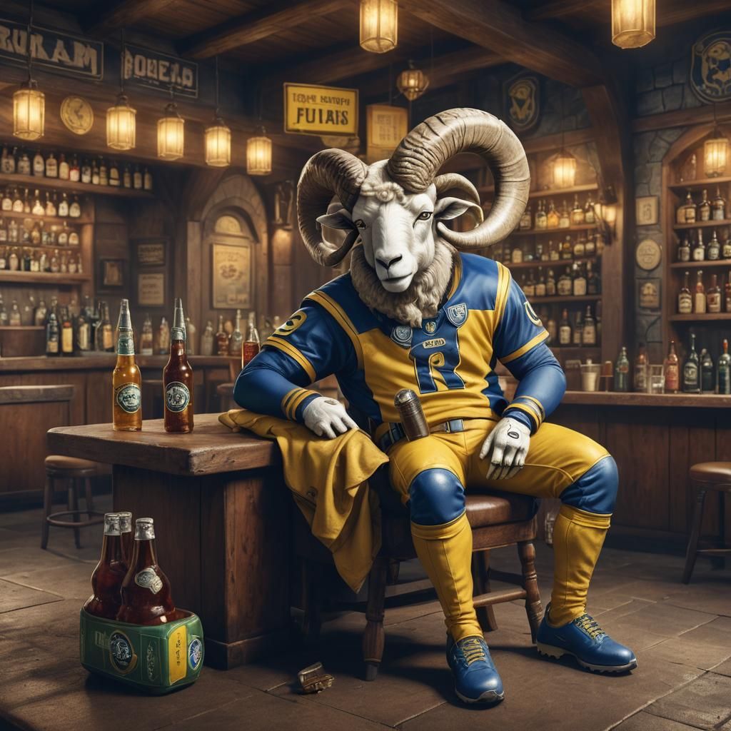 Ram Mascot in Football Uniform on Golf Course