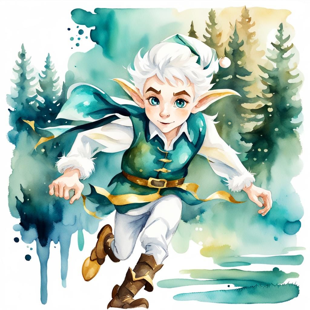 Watercolor Elf with Golden Bow in Forest