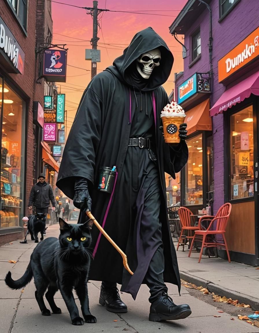 Grim Reaper's Colorful Walk with a Black Cat