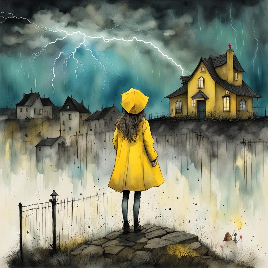 Girl in Yellow Raincoat Faces Whimsical Town Amidst Dark Lig...