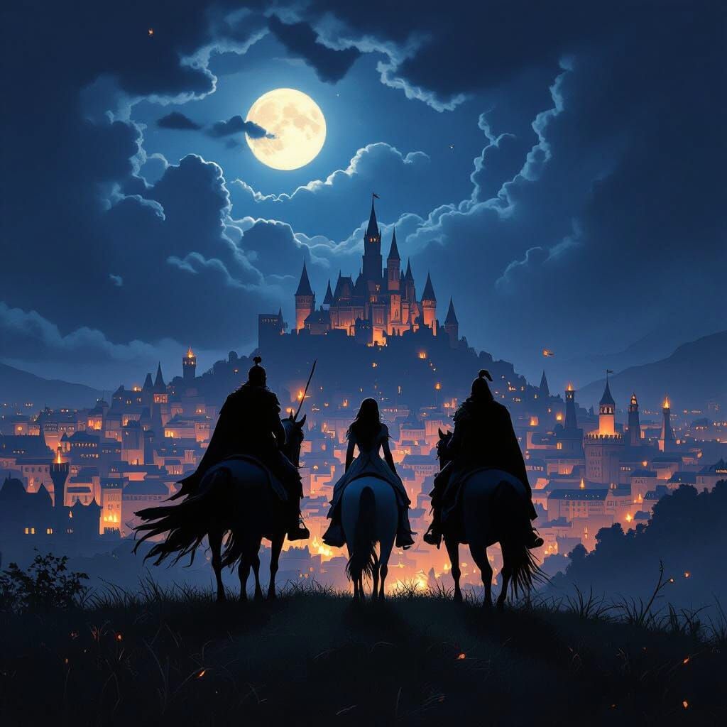 Knights and Princess on Horses Overlooking Medieval City