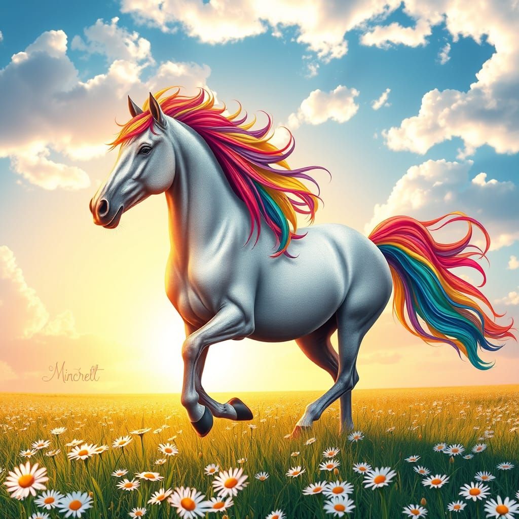 Majestic Rainbow-Maned Wild Horse in Vibrant Daisy Field