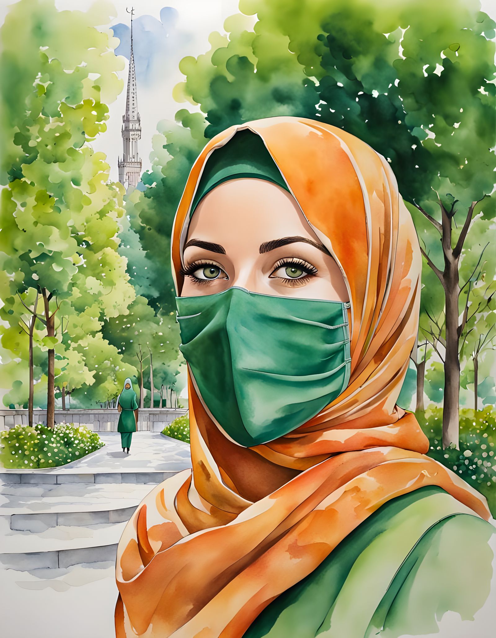 European Irish Hijabi Woman in Green Watercolor Portrait