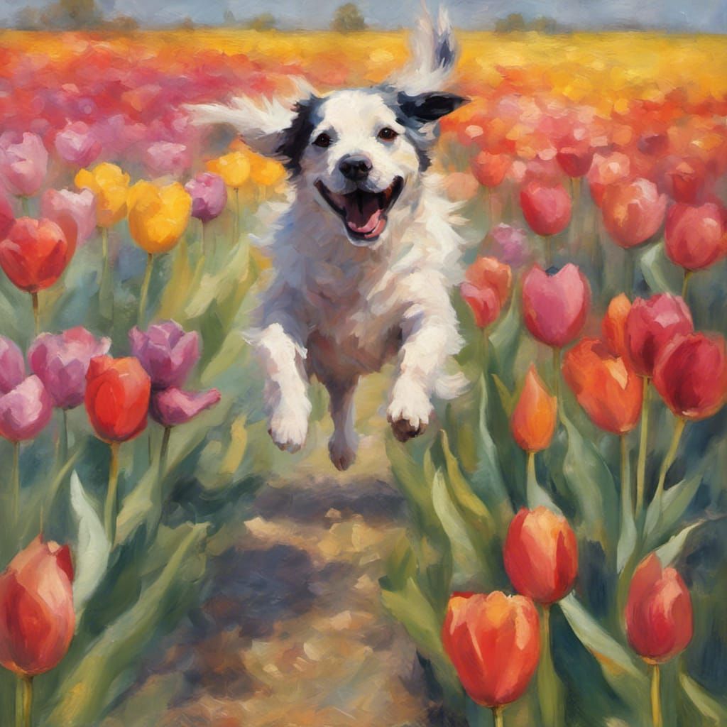 Joyful Dog Leaping in Impressionist Tulip Field