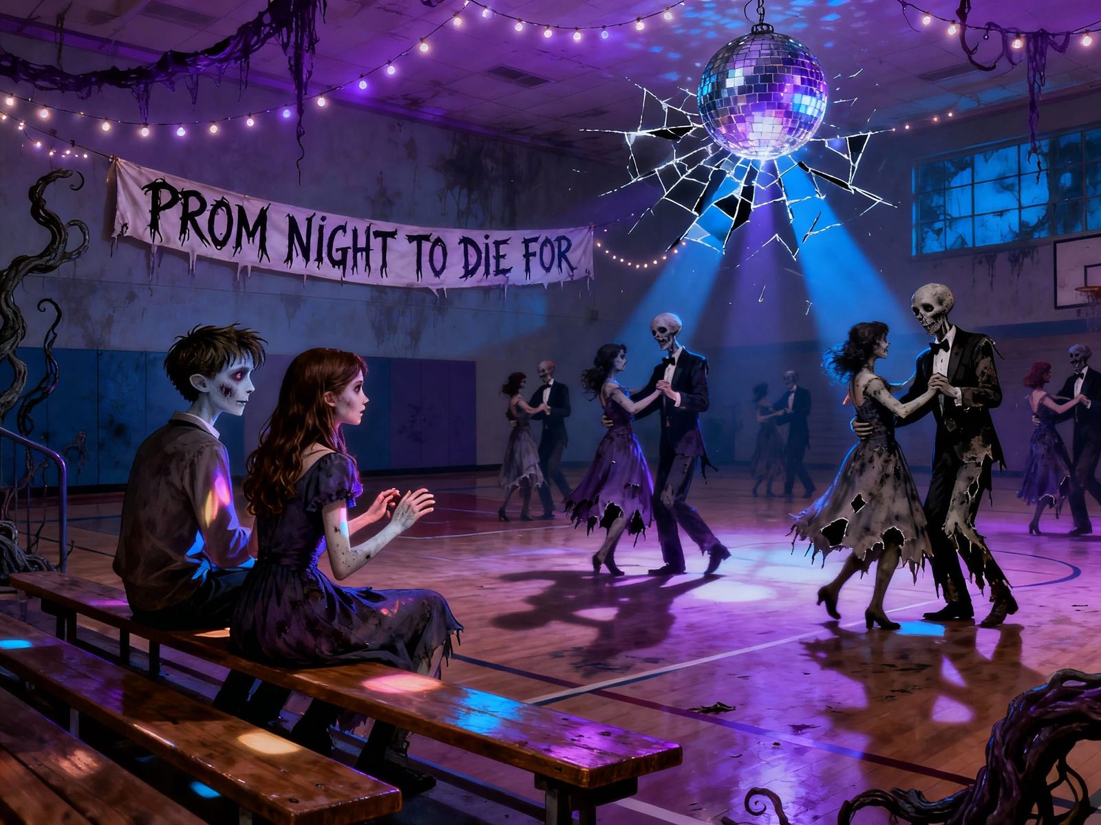 Gothic Zombie Prom Couple in Dimly Lit Gymnasium