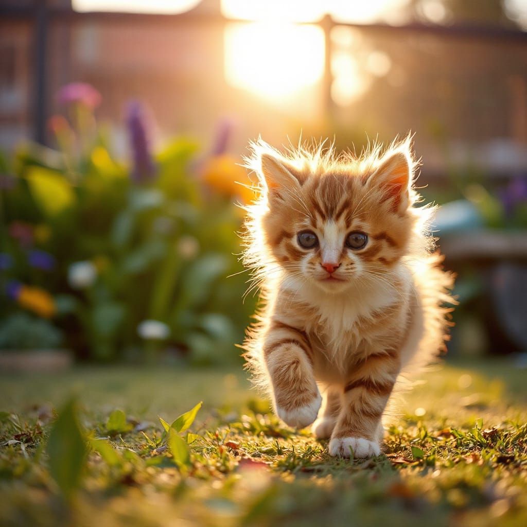Mischievous Kitten in Sunlit Garden