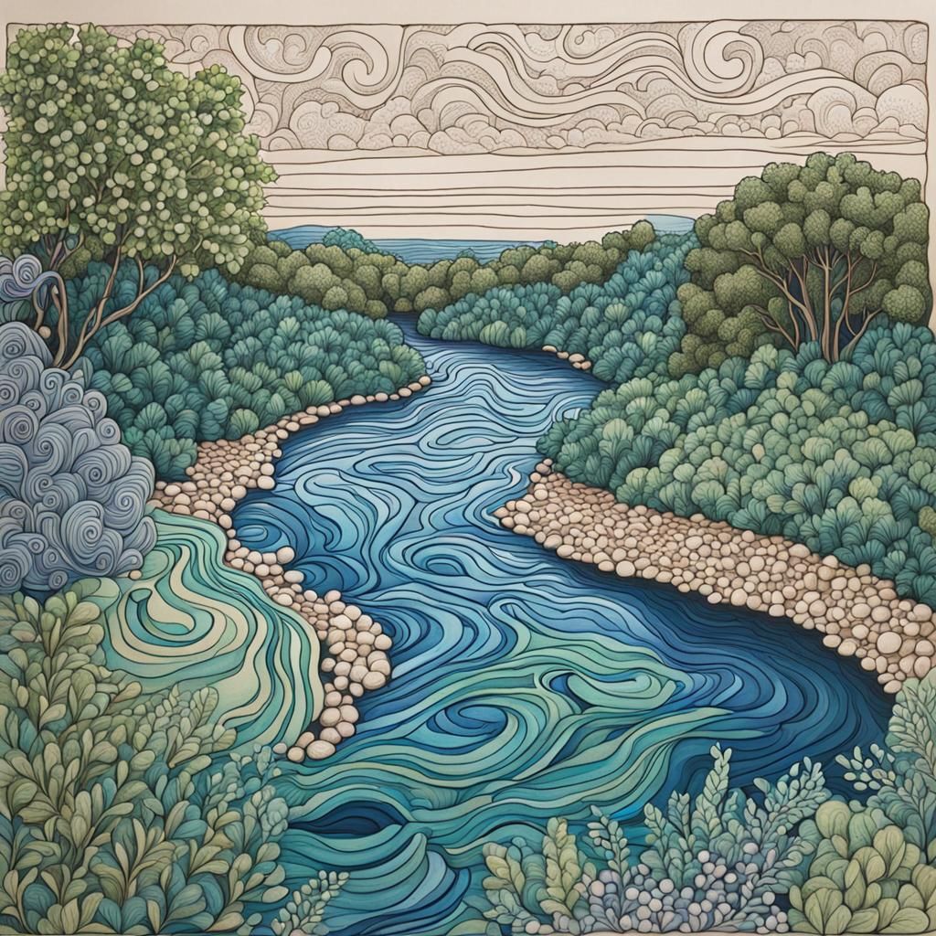 Zentangle River Scene with Sandbanks and Bushes