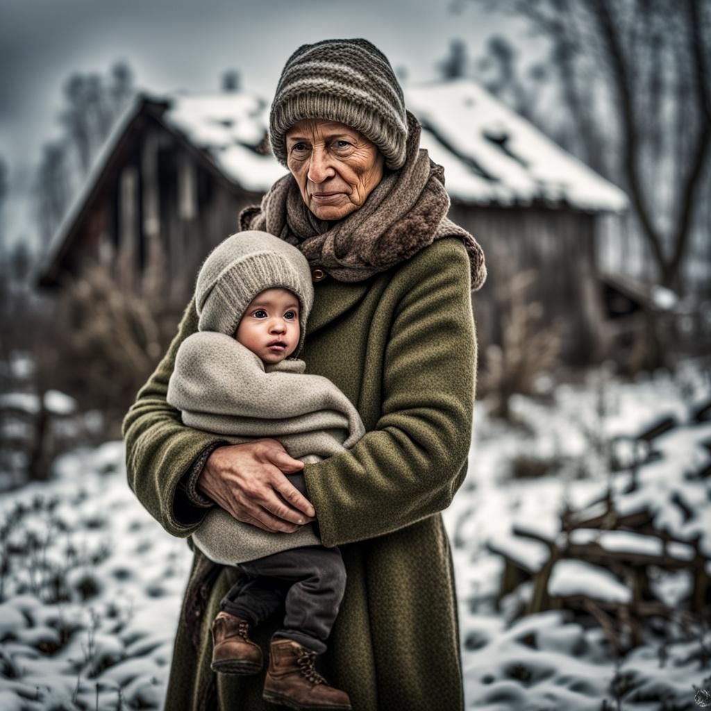 Mother and Child in Winter Countryside Scene