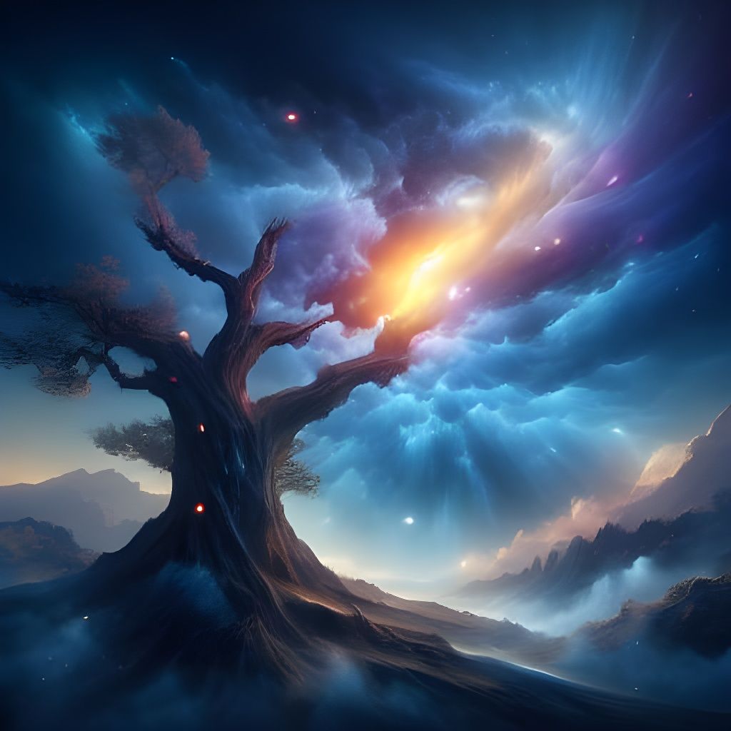 Ancient Tree Under Cosmic Nebula Glow