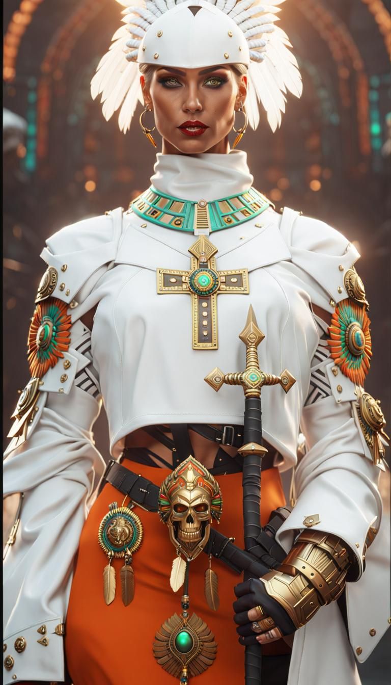 Aztec Warrior Woman in Cyberpunk Servo-Armor