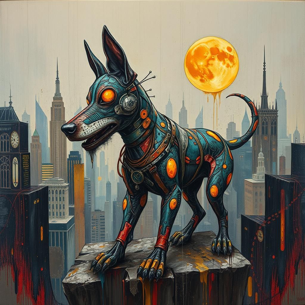 Cyberpunk Impasto Dog in Dystopian Cityscape