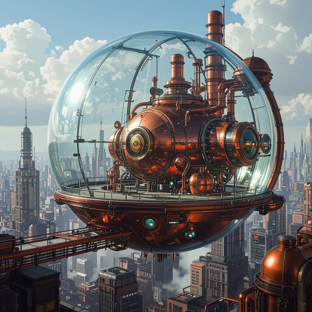 Steampunk Metropolis Inside Glass Bubble