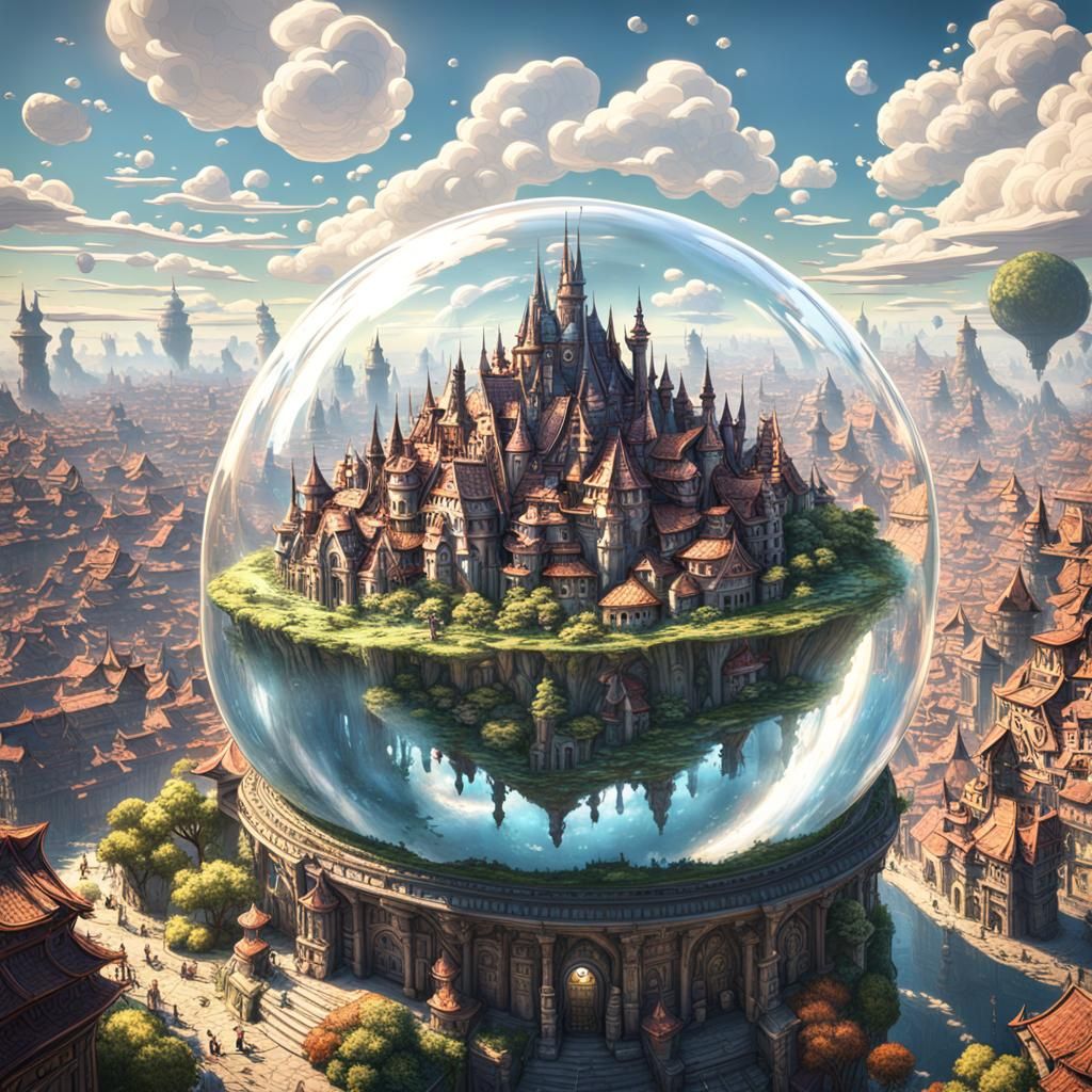 Fantasy City in Sky Bubble: Ghibli-Inspired Art